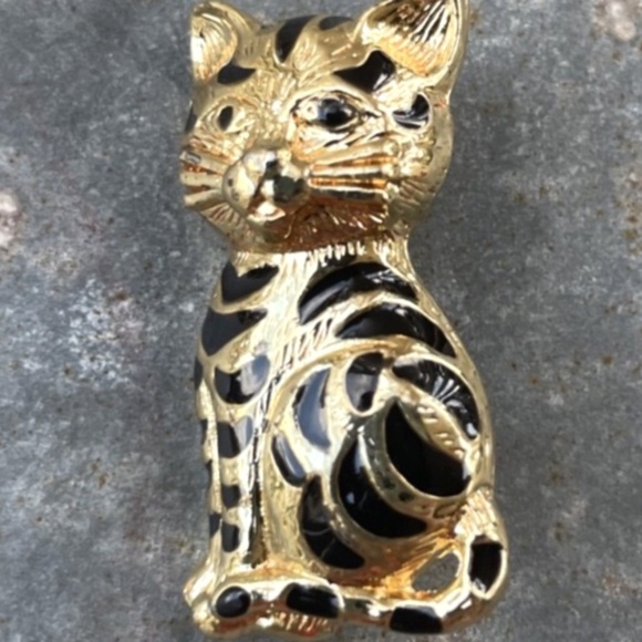 Jewelry - Vintage gold tone Cat Brooch w/ black stripes